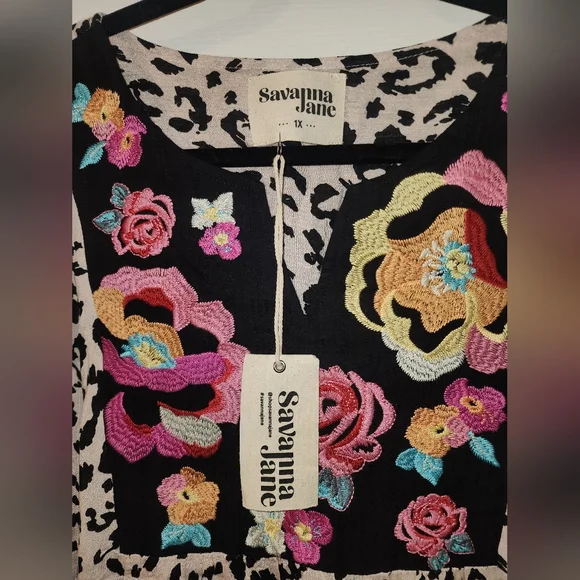 Savannah Jane Multicolor Floral Embroidered Leopard Blouse - Picture 2 of 4